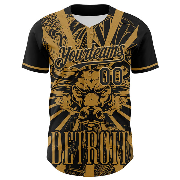 Custom Black Old Gold 3D Pattern Design Detroit Cityscape Steampunk Engine Bull Authentic Baseball Jersey alternate