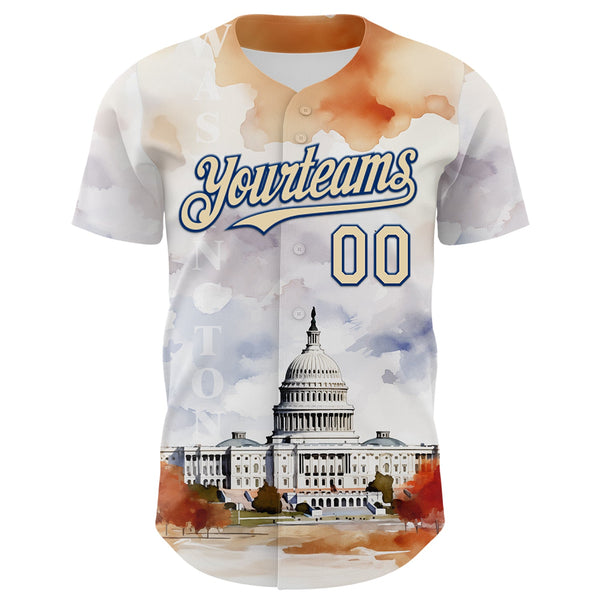 Custom White Cream-Royal 3D Pattern Design Washington Cityscape United States Capitol Authentic Baseball Jersey alternate