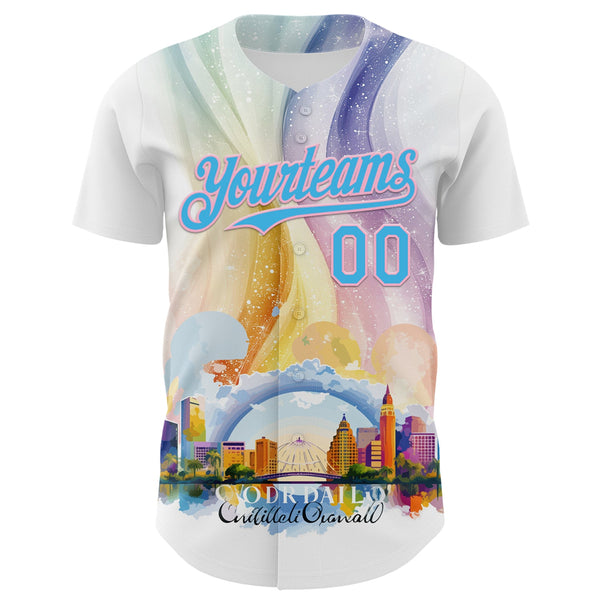 Custom White Sky Blue-Light Pink 3D Pattern Design Orlando Cityscape Skyline Authentic Baseball Jersey alternate
