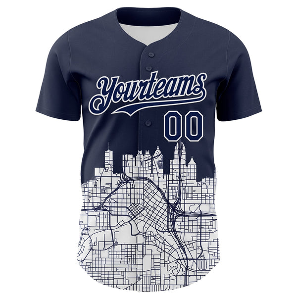 Custom Navy White 3D Pattern Design Atlanta Cityscape Urban Map Authentic Baseball Jersey alternate