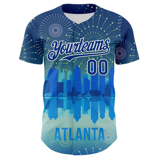 Custom Blue Royal-White 3D Pattern Design Atlanta Cityscape Fireworks Authentic Baseball Jersey alternate