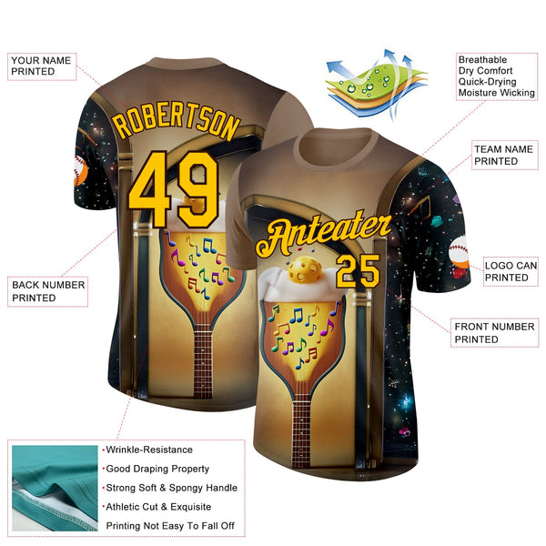 Custom Brown Yellow-Black 3D Funny Pickleball Paddles Balls Guitar Performance T-Shirt alternate
