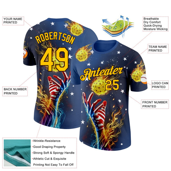 Custom Blue Yellow-Brown 3D Pickleball Balls American Flag Meteor Performance T-Shirt alternate