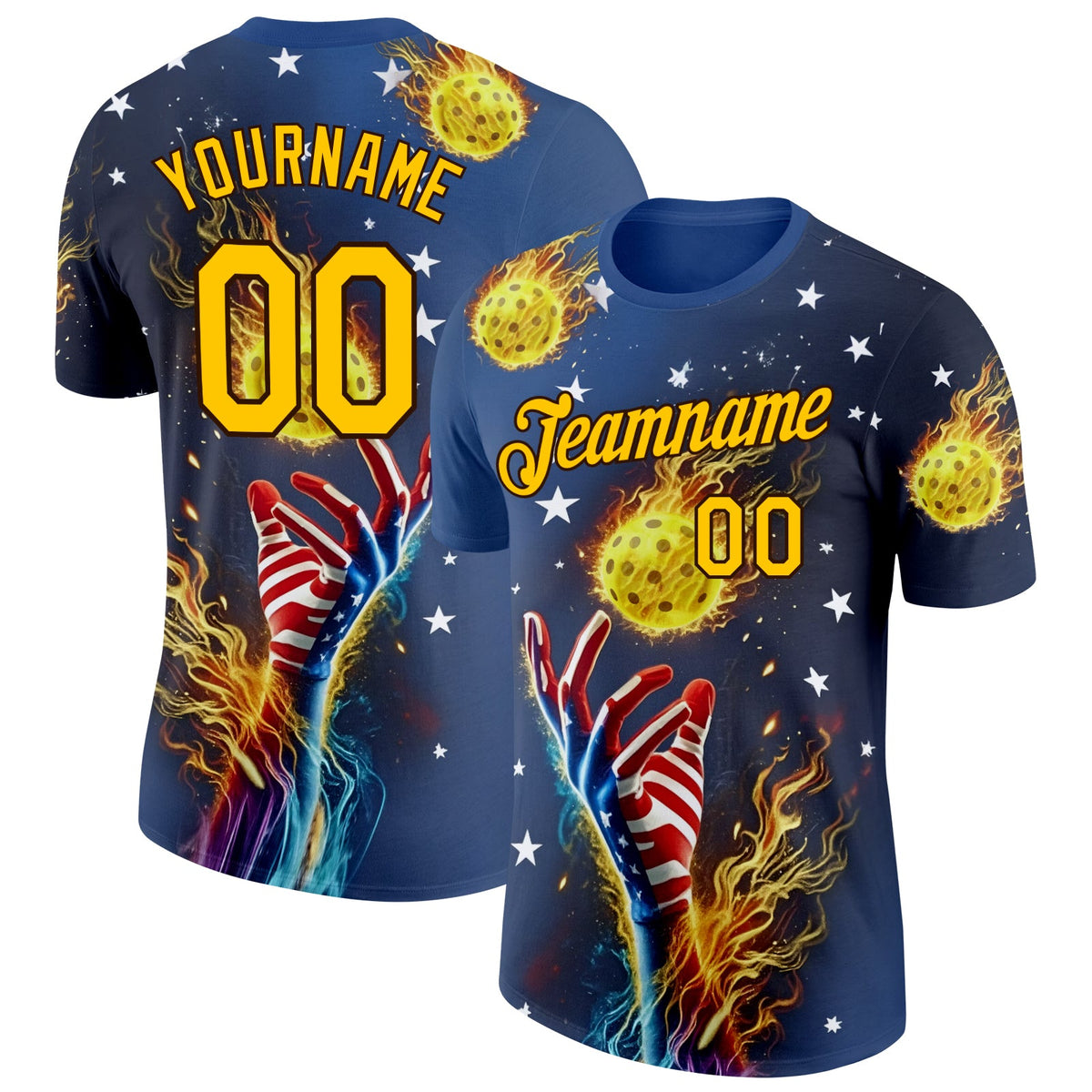 Custom Blue Yellow-Brown 3D Pickleball Balls American Flag Meteor Performance T-Shirt