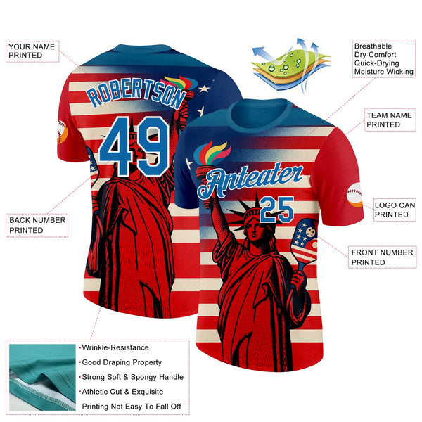 Custom Red Blue-White 3D Pickleball Paddles Balls American Flag Statue Of Liberty Performance T-Shirt alternate