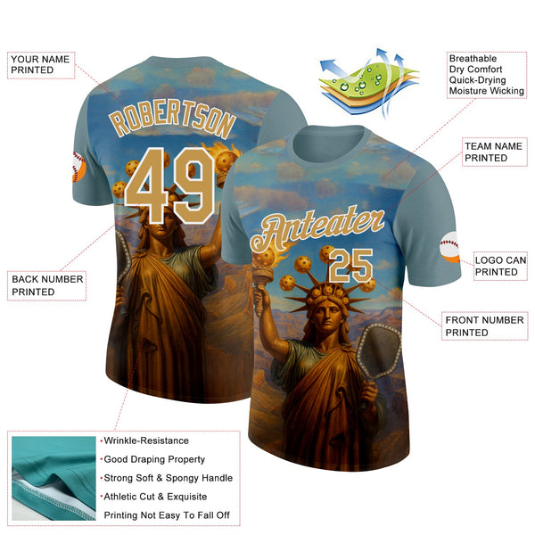 Custom Blue Old Gold-White 3D Pickleball Paddles Balls Retro Statue Of Liberty Performance T-Shirt alternate