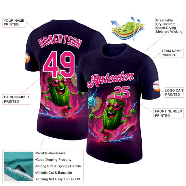 Custom Blue Hot Pink-White 3D Funny Pickleball Paddles Balls Lighting Performance T-Shirt alternate