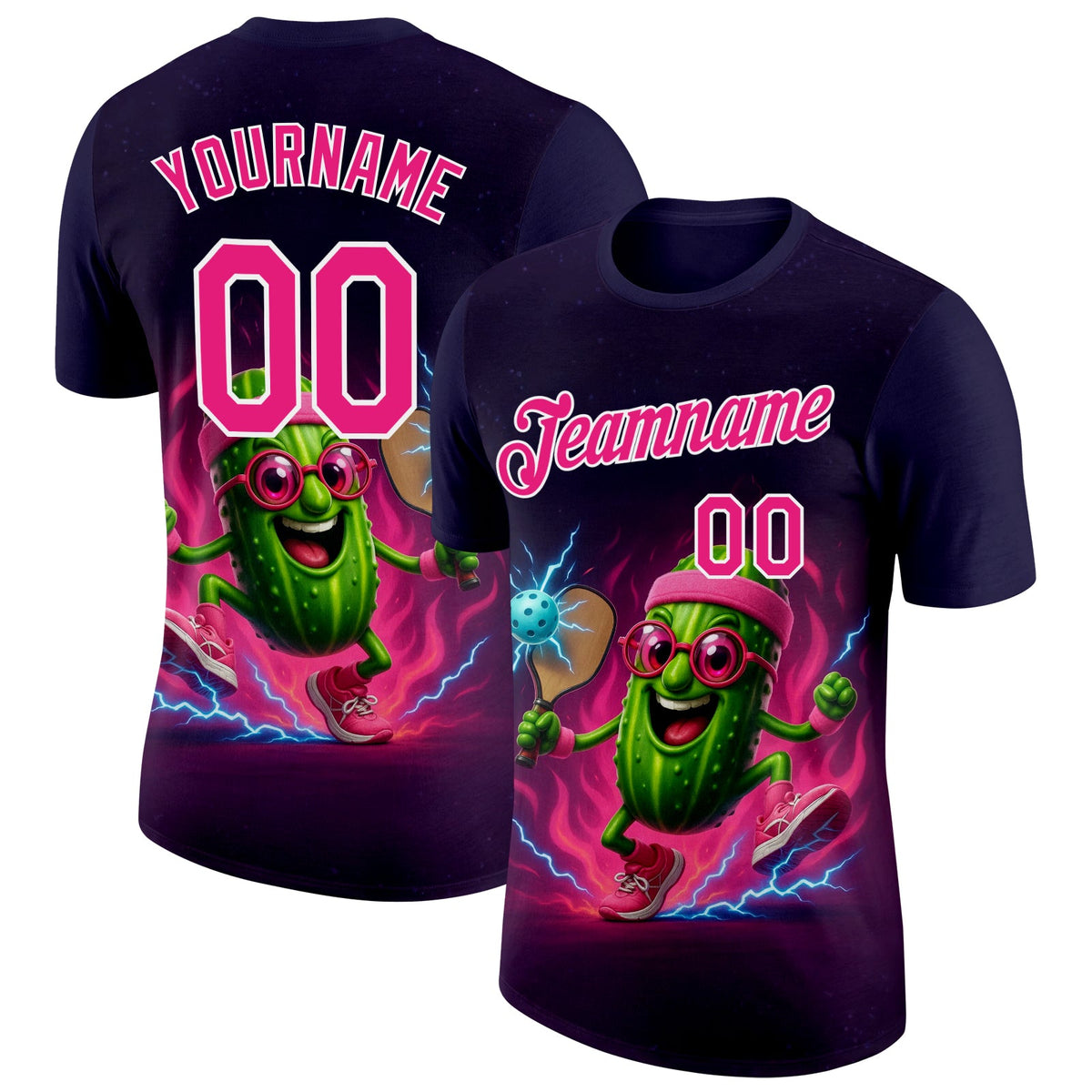 Custom Blue Hot Pink-White 3D Funny Pickleball Paddles Balls Lighting Performance T-Shirt