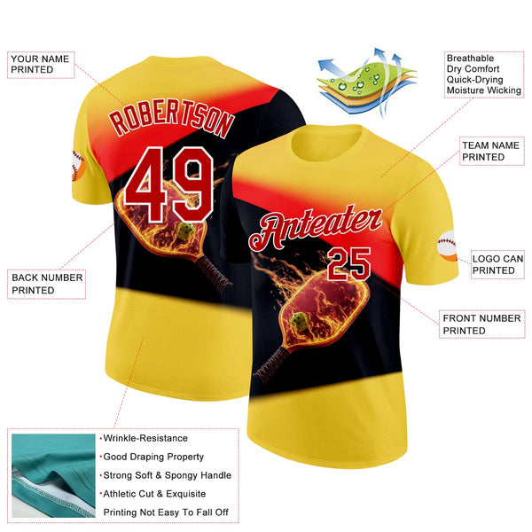 Custom Yellow Red Black-White 3D Flame Pickleball Paddles Balls Performance T-Shirt alternate