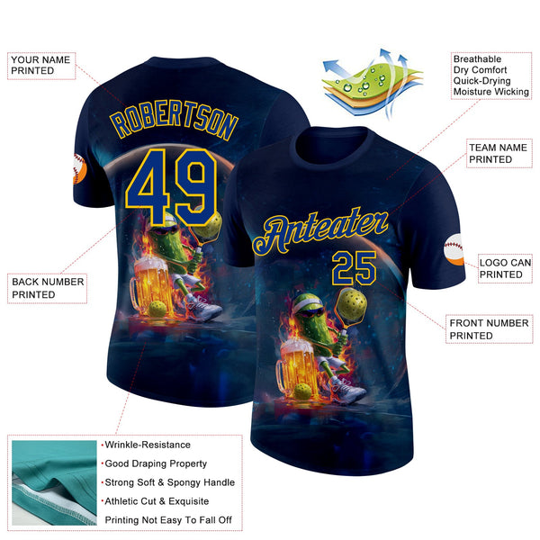 Custom Navy Royal-Yellow 3D Funny Pickleball Paddles Balls Beer Performance T-Shirt alternate