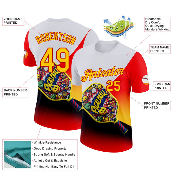 Custom White Yellow-Red 3D Graffiti Pickleball Paddles Balls Performance T-Shirt alternate