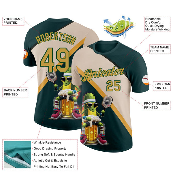 Custom Green Old Gold-Cream 3D Funny Pickleball Paddles Balls Beer Performance T-Shirt alternate