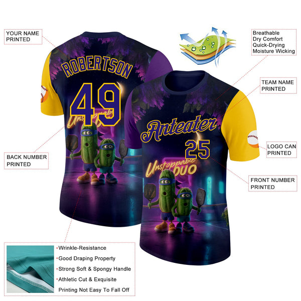 Custom Dark Purple Yellow 3D Funny Pickleball Paddles Balls Performance T-Shirt alternate