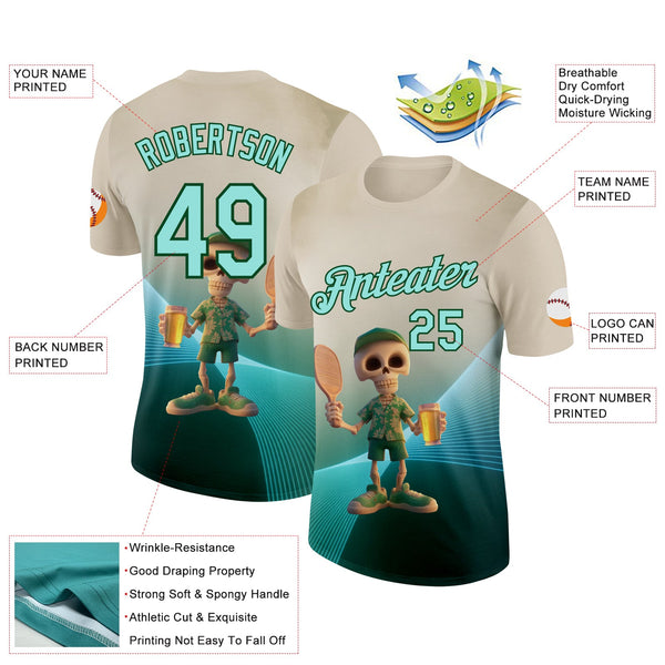 Custom Cream Ice Blue-Green 3D Funny Pickleball Paddles Skeleton Performance T-Shirt alternate