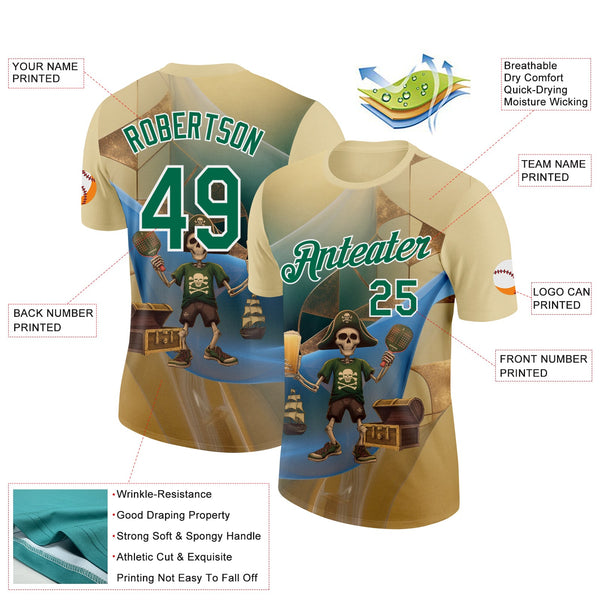Custom Cream Kelly Green-White 3D Funny Pickleball Paddles Pirate Skeleton Performance T-Shirt alternate