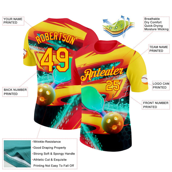 Custom Red Yellow-Blue 3D Pickleball Paddles Balls Performance T-Shirt alternate