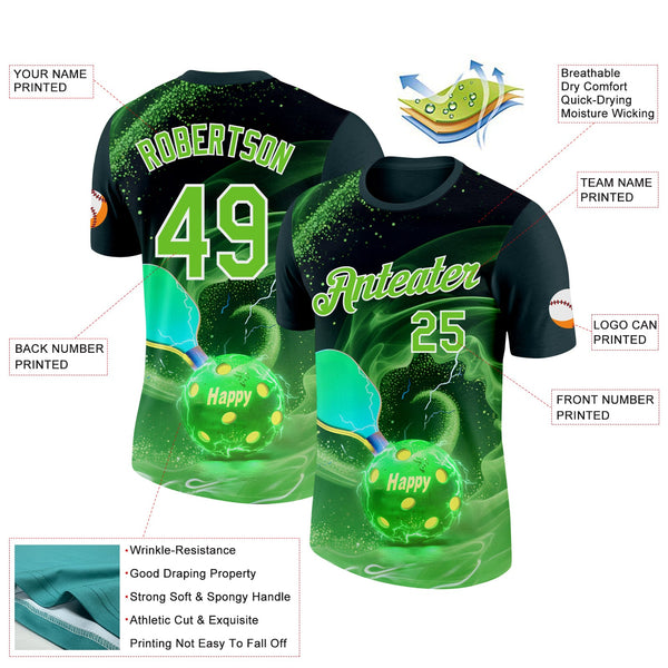 Custom Green Aurora Green-White 3D Charged Happy Pickleball Paddles Balls Performance T-Shirt alternate
