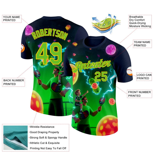 Custom Blue Aurora Green-Yellow 3D Charged Happy Family Pickleball Paddles Balls Performance T-Shirt alternate