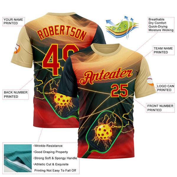 Custom Cream Red Blue-Yellow 3D Charged Pickleball Paddles Balls Performance T-Shirt alternate