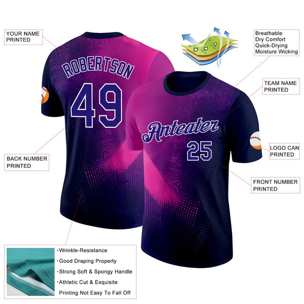 Custom Navy Dark Purple Pink-White 3D Pattern Design Gradient Neon Sportswear Performance T-Shirt alternate