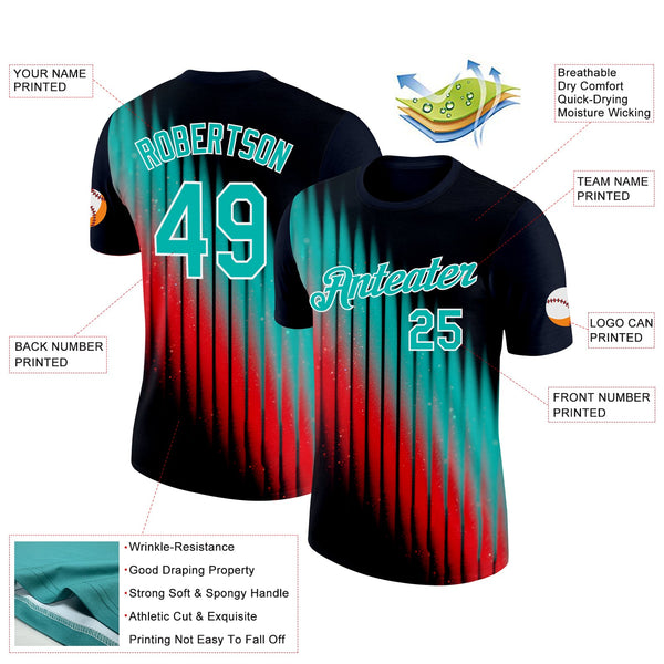 Custom Navy Aqua Red-White 3D Pattern Design Gradient Stripe Sportswear Performance T-Shirt alternate