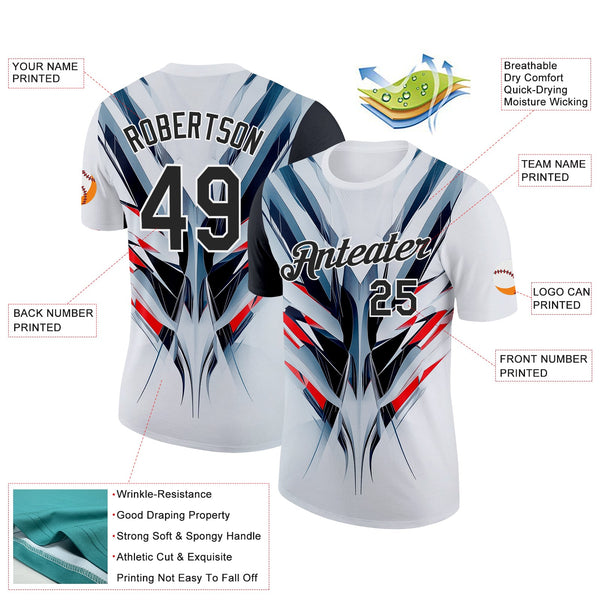 Custom White Black-Red 3D Pattern Design Abstract Shape Sportswear Performance T-Shirt alternate