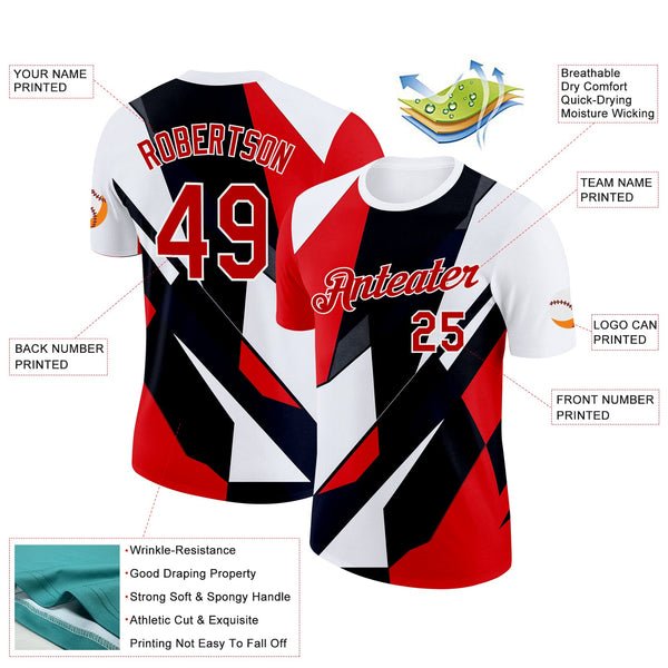 Custom White Red-Black 3D Pattern Design Geometric Shape Sportswear Performance T-Shirt alternate