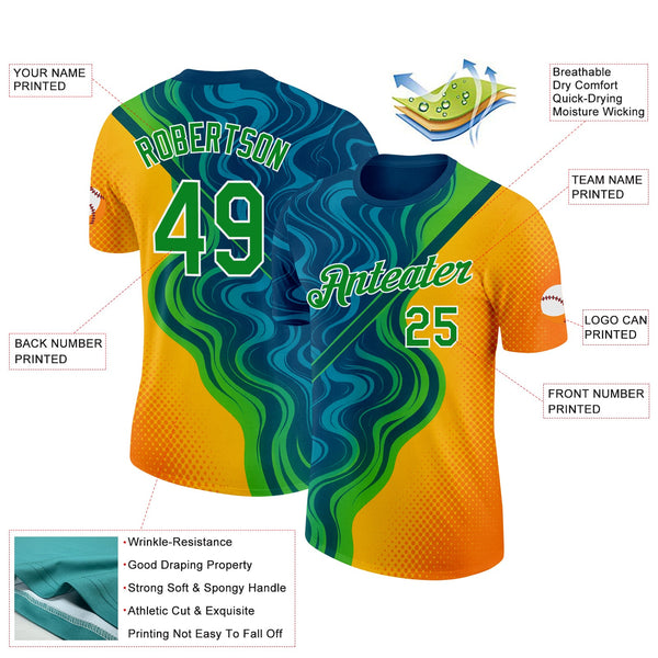 Custom Blue Grass Green Yellow-White 3D Pattern Design Brazil Marbel Sportswear Performance T-Shirt alternate