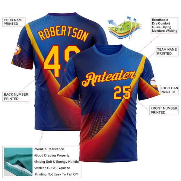 Custom Blue Yellow-Red 3D Pattern Design Romania Colombia Sportswear Performance T-Shirt alternate