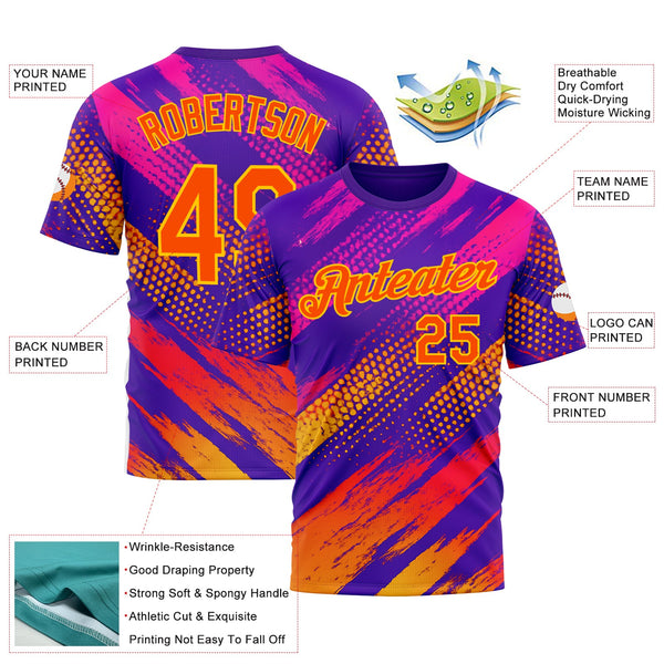 Custom Purple Orange-Yellow 3D Pattern Design Splash Sportswear Performance T-Shirt alternate