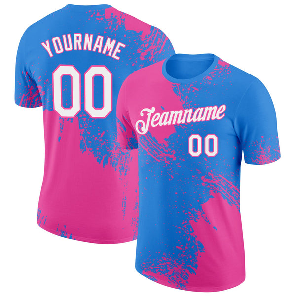 Custom Powder Blue White-Pink 3D Pattern Design Abstract Brush Stroke Performance T-Shirt