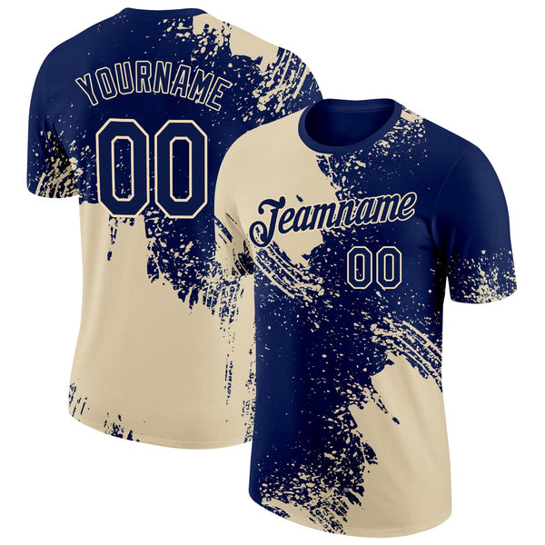 Custom Navy Cream 3D Pattern Design Abstract Brush Stroke Performance T-Shirt