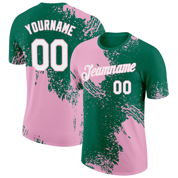 Custom Kelly Green White-Light Pink 3D Pattern Design Abstract Brush Stroke Performance T-Shirt