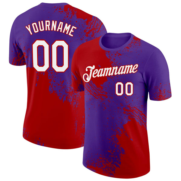 Custom Purple White-Red 3D Pattern Design Abstract Brush Stroke Performance T-Shirt
