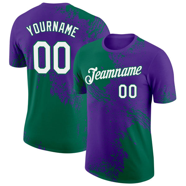 Custom Purple White-Kelly Green 3D Pattern Design Abstract Brush Stroke Performance T-Shirt