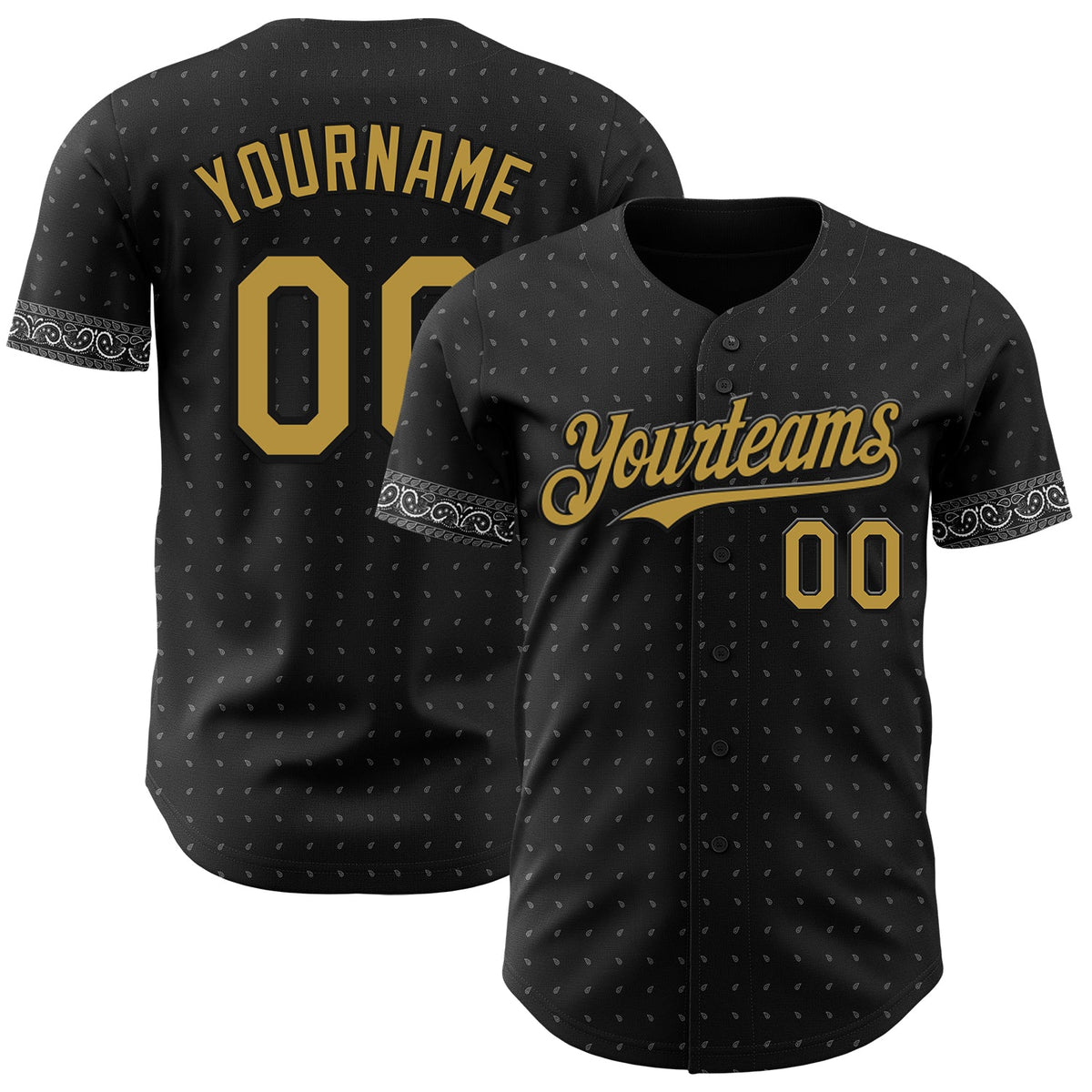 Custom Black Old Gold-Gray Rave Party Ethnic Paisley Bandana Authentic Baseball Jersey