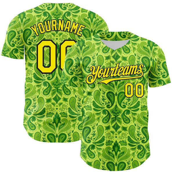 Custom Neon Green Black Rave Party Ethnic Paisley Bandana Authentic Baseball Jersey