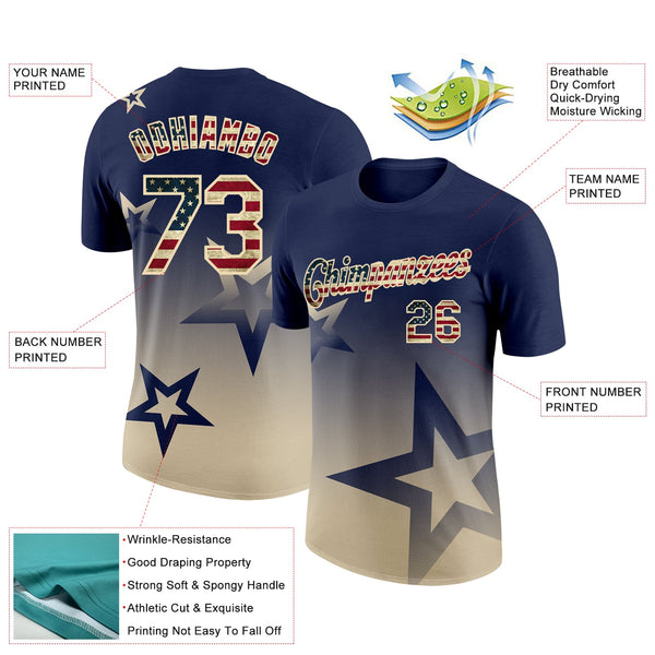 Custom Navy Vintage USA Flag-Cream 3D Pattern Design Gradient Style Twinkle Star Performance T-Shirt alternate