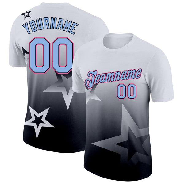 Custom White Light Blue Black-Pink 3D Pattern Design Gradient Style Twinkle Star Performance T-Shirt