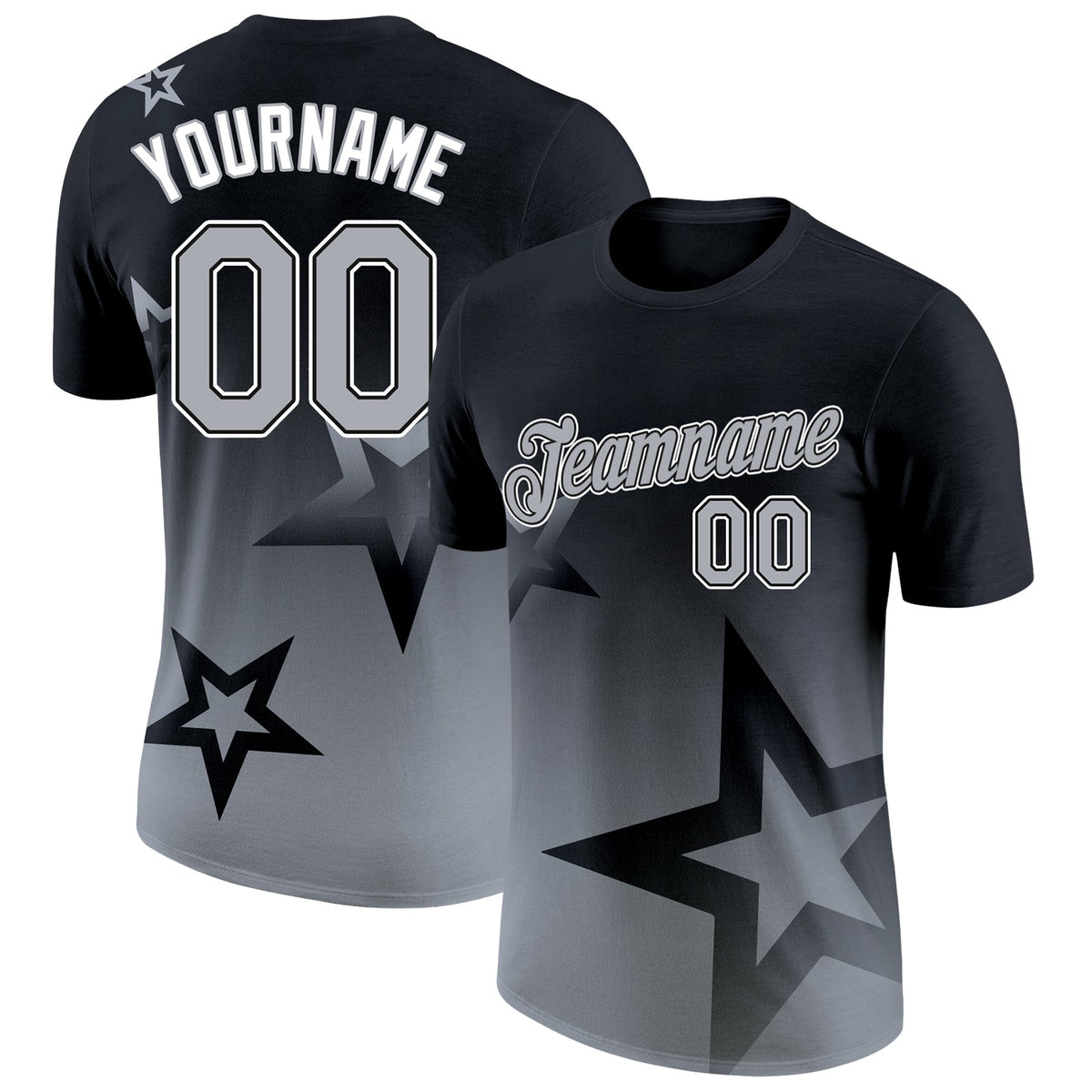 Custom Black Gray-White 3D Pattern Design Gradient Style Twinkle Star Performance T-Shirt