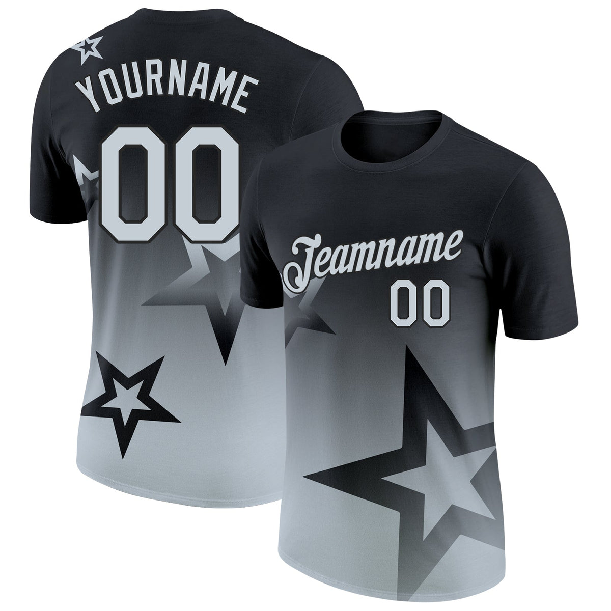 Custom Black Silver 3D Pattern Design Gradient Style Twinkle Star Performance T-Shirt