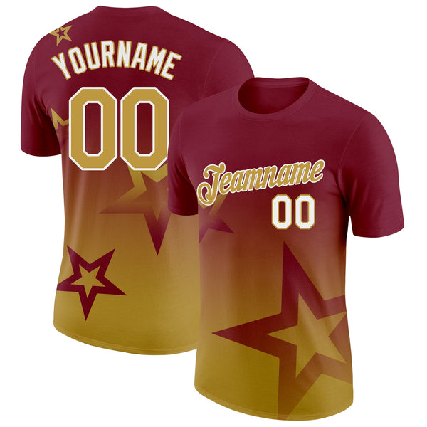 Custom Crimson Old Gold-White 3D Pattern Design Gradient Style Twinkle Star Performance T-Shirt