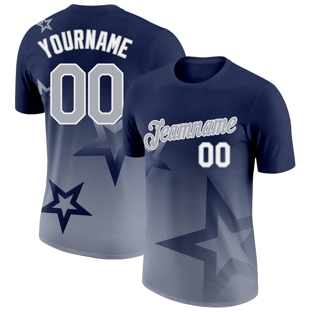 Custom Navy Gray-White 3D Pattern Design Gradient Style Twinkle Star Performance T-Shirt