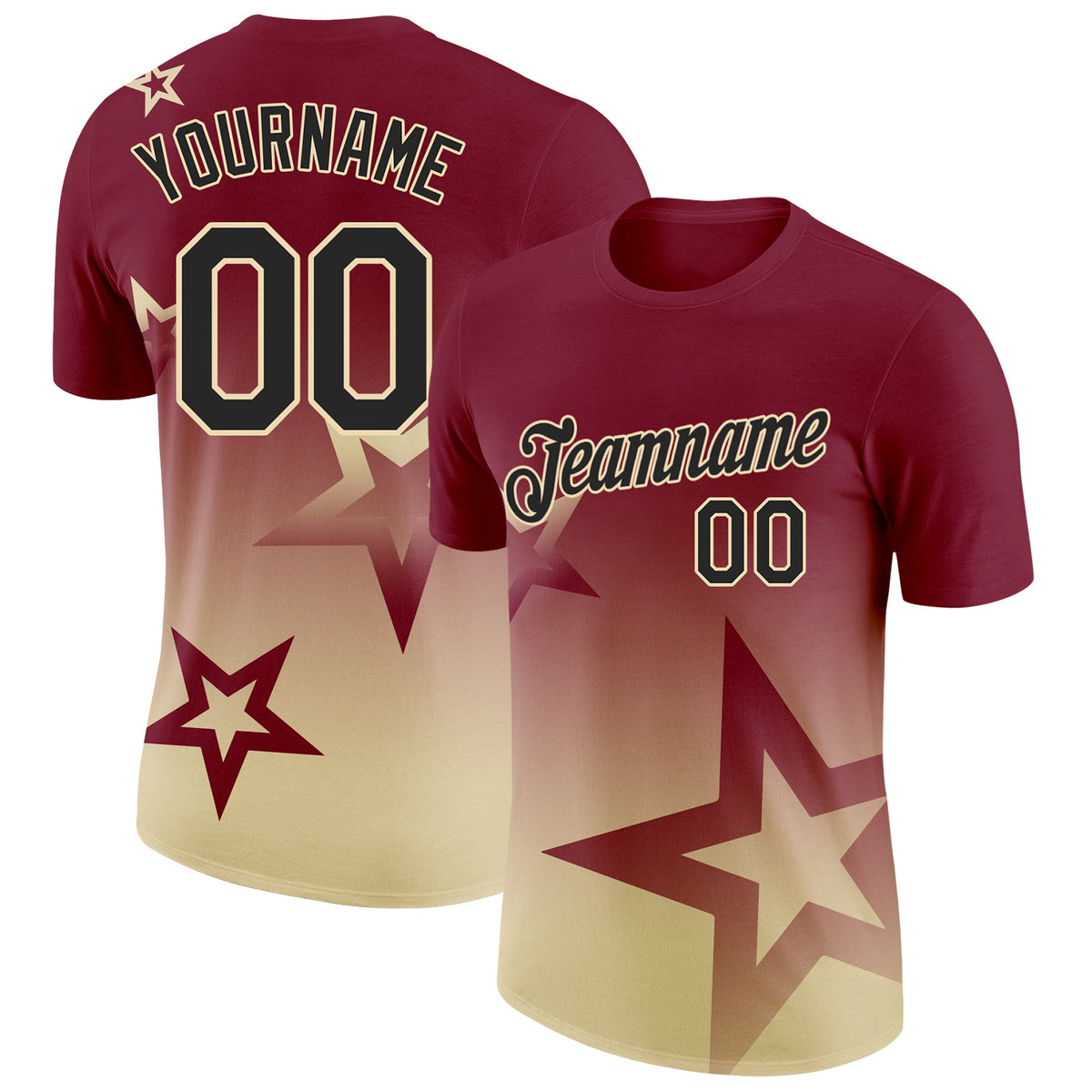 Custom Crimson Black-Cream 3D Pattern Design Gradient Style Twinkle Star Performance T-Shirt