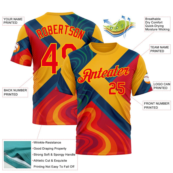 Custom Yellow Fire Red-Blue 3D Pattern Design Spain Marble Sportswear Performance T-Shirt alternate