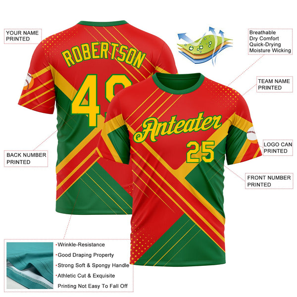 Custom Red Yellow-Grass Green 3D Pattern Design Mexico Brazil Sportswear Performance T-Shirt alternate