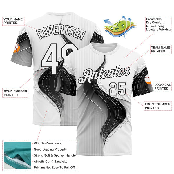 Custom White Black 3D Pattern Design Monochrome Curve Line Sportswear Performance T-Shirt alternate