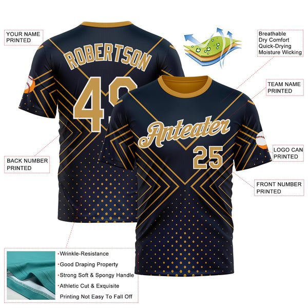Custom Navy Old Gold-White 3D Pattern Design Geometric Shape Sportswear Performance T-Shirt alternate