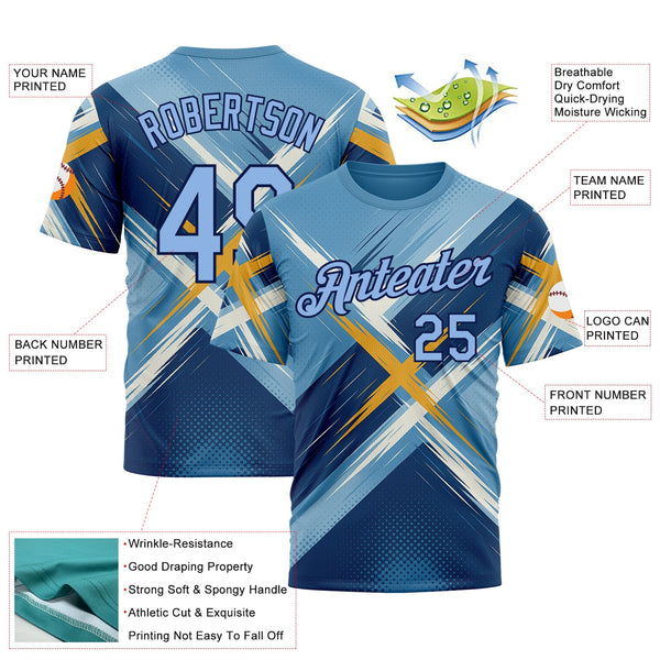 Custom Blue Light Blue-Navy 3D Pattern Design Geometric Shape Sportswear Performance T-Shirt alternate