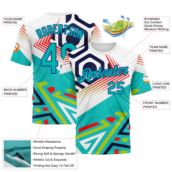 Custom White Auqa Red Green-Royal 3D Pattern Design Geometric Shape Sportswear Performance T-Shirt alternate